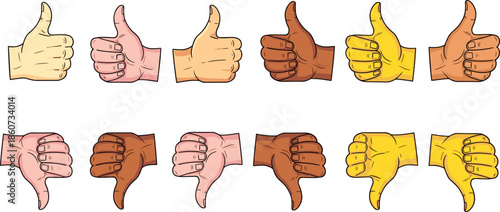 Thumbs up and thumbs down hands in different skin tones approval