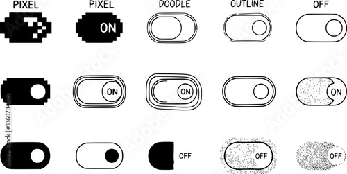 Minimalist toggle switch designs: pixel, doodle, outline, and more variations
