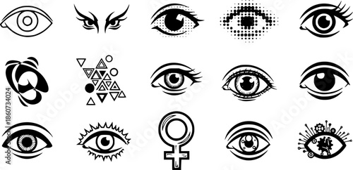 Set of eye symbols in various artistic styles for design projects
