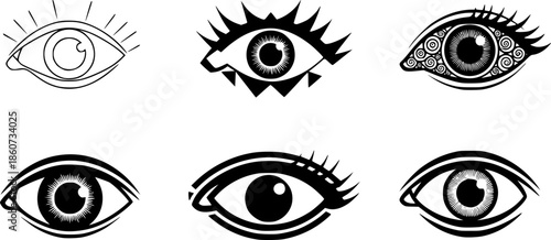 Set of eye symbols in various artistic styles for design projects
