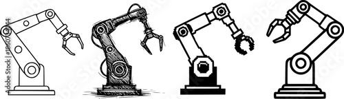 Diverse robotic arm designs: linear, sketch, pixel, and outlined styles
