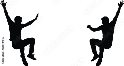 Two black silhouettes of men jumping with arms raised
