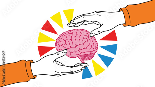 Two hands holding a pink brain with colorful triangular shapes colorful triangles