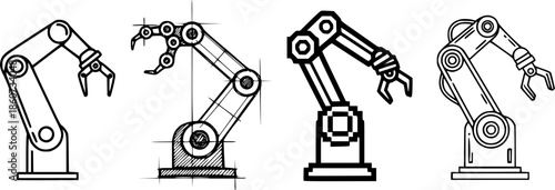 Diverse robotic arm designs: linear, sketch, pixel, and outlined styles
