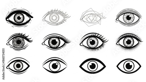 Set of eye symbols in various artistic styles for design projects
