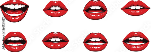 Red lips with white teeth in different expressions mouth cartoon