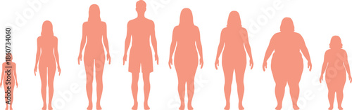 Peach colored human silhouettes of varying body types human figures white background