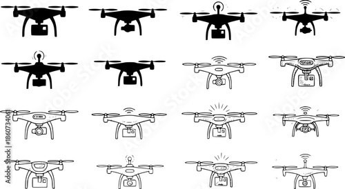 Creative drone icons collection featuring silhouette and sketchy designs
