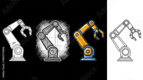 Diverse robotic arm designs: linear, sketch, pixel, and outlined styles
