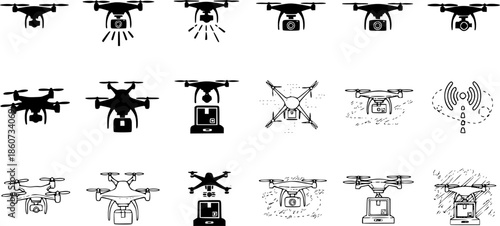 Creative drone icons collection featuring silhouette and sketchy designs
