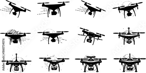 Creative drone icons collection featuring silhouette and sketchy designs
