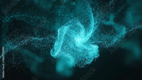 Abstract swirling cloud of glowing turquoise particles in dark space.