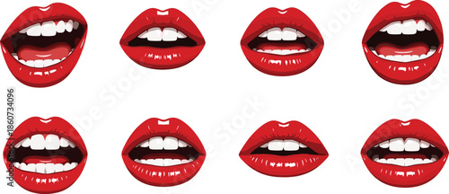 Red lips with white teeth in different expressions mouths cartoon