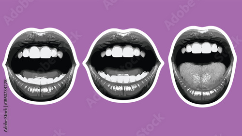 Three mouths with open mouths and white teeth on purple background lips tongue