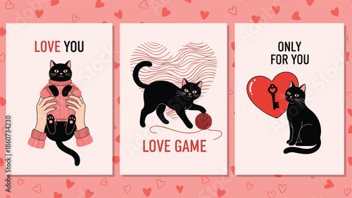 Valentine's Day cards with black cats and love themes love cards heart background