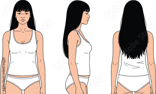 Woman in white underwear standing in three different poses three views front