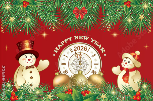 Happy New Year 2026. Background with clock and snowmen, decorated with festive fir branches, rowan berries and balls. Vector illustrations for greeting cards, backgrounds, holiday designs, marketing.
