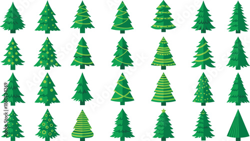 Various decorated Christmas trees in green hues on white background green trees decorated trees