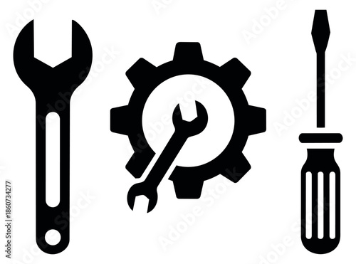 Iconic repair tools set featuring a wrench, gear, and screwdriver for service and maintenance concepts