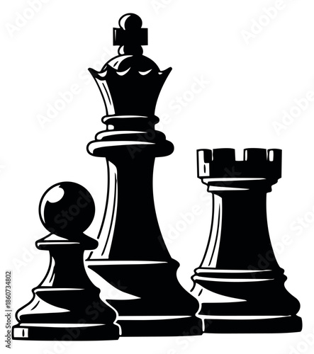 Line art chess pieces set featuring a king, rook, and pawn for strategy board games