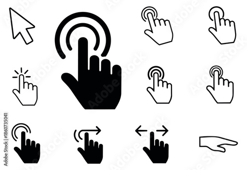 Outline and solid fill user interface icon set featuring various click, tap, and gesture hand cursors for web design and mobile applications