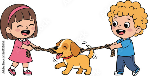 Cheerful dog engaged in tug of war.