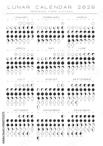 2026 Lunar Calendar Chicago Vector Poster A4 Printable Blueprint Style Scientific Moon Phase Chart Accurate Astronomy Almanac Engineering Schematic Decor Minimalist Month Planner Graphic Illustration