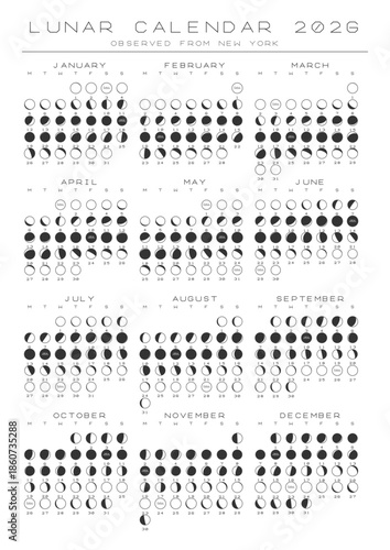 2026 Lunar Calendar New York Vector Poster A4 Printable Blueprint Style Scientific Moon Phase Chart Accurate Astronomy Almanac Engineering Schematic Decor Minimalist Month Planner Graphic Illustration