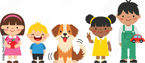 Group of cheerful children with a friendly dog illustration.