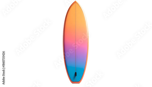 A colorful surfboard with a gradient design, isolated on a stark black background