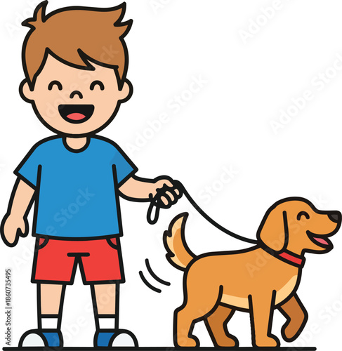 Happy boy walking playful dog together.