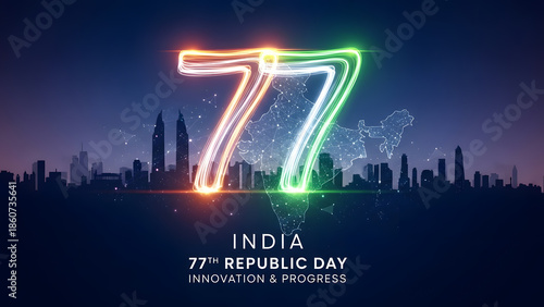 Futuristic City Landmark Silhouette With Glowing Digital Number Seventy Seven Celebrating Indian Republic Day Innovation Progress