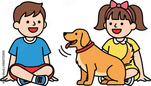 two children and dog sitting together.