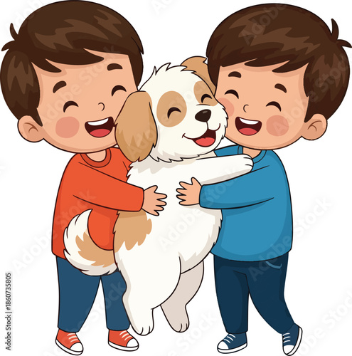 Two Children Hugging A Friendly Dog.