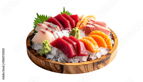 Assortment of fresh sashimi slices on crushed ice, arranged on a wooden platter