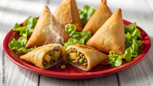 Close up of crispy samosas on a red plate, one sliced open to reveal savory meat and green pea filling with visible steam. Served with fresh lettuce.