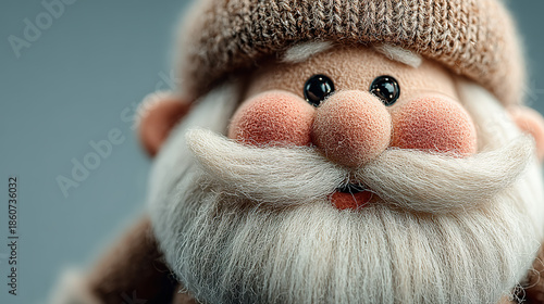 Close-up of a festive doll with a beard and winter hat, smiling.