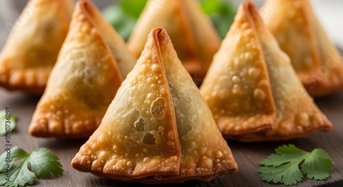 Crispy golden fried samosas filled with spiced potatoes and peas, served on a rustic wooden board with fresh coriander leaves.