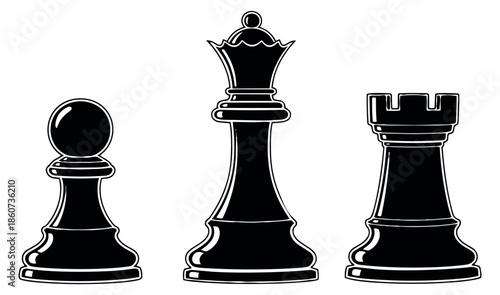 Line art chess pieces set featuring a pawn, queen, and rook for a strategy game