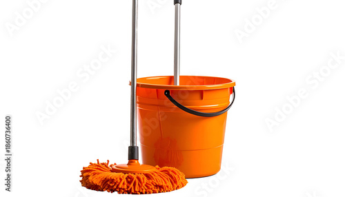 Cleaning tools mop and orange bucket stand against a black background