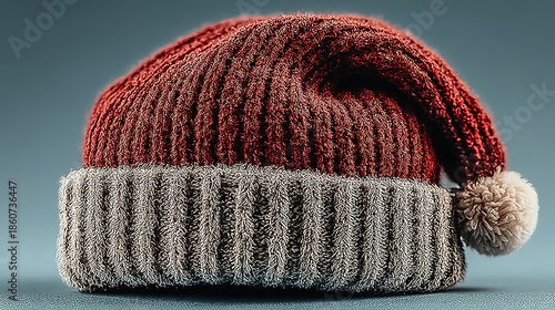 crocheted winter hat with a pompom and ribbed pattern in red and white.