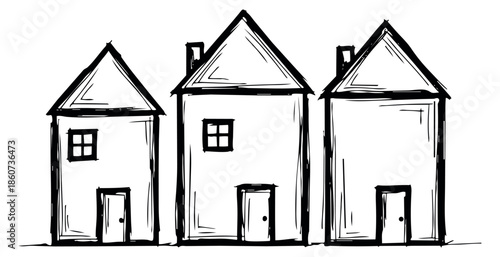 Hand drawn line art house set featuring three houses in a row for real estate and housing concepts