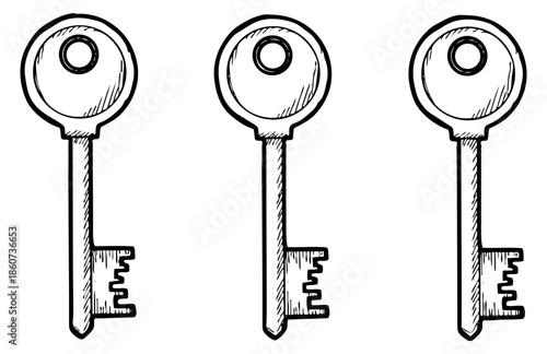 Hand drawn key set featuring three similar keys for security and access designs