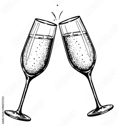 Hand drawn illustration of two champagne flutes depicting a toast for celebration