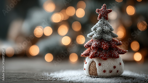 Small decorative Christmas tree with snow on a wooden surface, illuminated background.