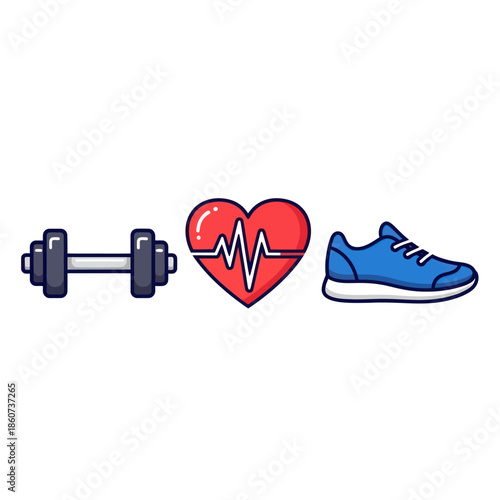 Fitness and Health Essentials Dumbbell Heart and Running Shoe.