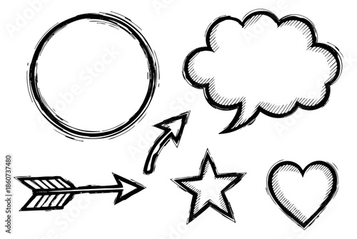 Hand drawn grunge line art graphic elements set featuring a speech bubble, arrows, star, heart, and circle frame for creative projects
