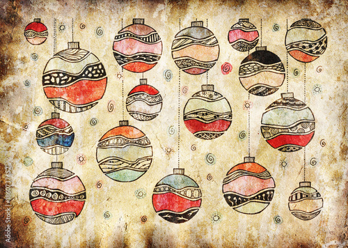 Vintage hand drawn christmas ornaments on old paper background, christmas tree decorations texture