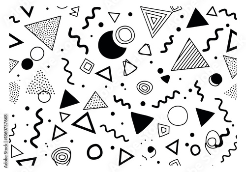 Hand drawn memphis style illustration of a seamless pattern depicting geometric shapes and lines for retro design