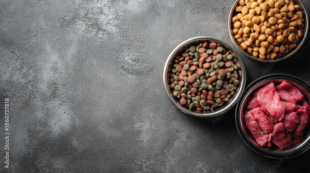 Fototapeta premium Three bowls showcasing different types of pet food are arranged on a textured gray surface. The selection includes dry kibble, chickpeas, and raw meat, offering diverse dietary choices for pets.